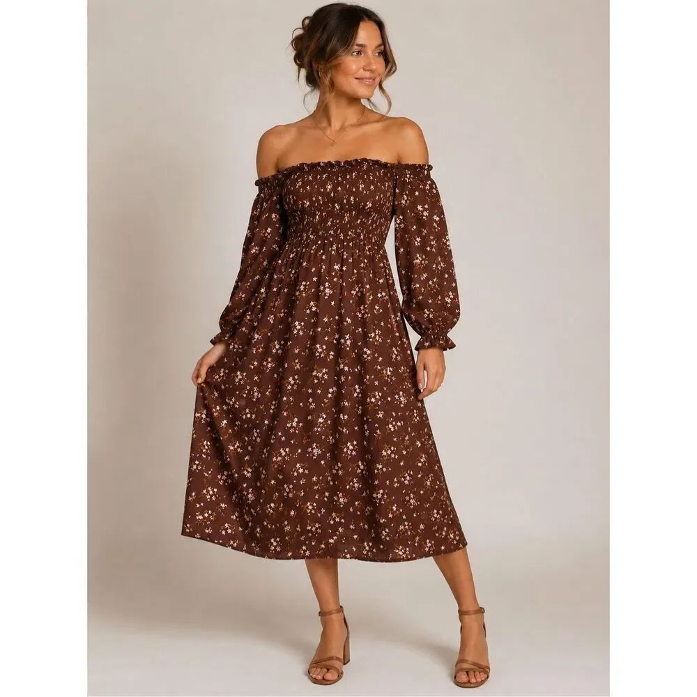 Blue Rain XL Brown Floral Off Shoulder Smocked Midi Dress Boho